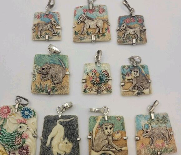 Unbranded Jewelry - Vintage Hand-Carved Bone Chinese Zodiac Pendant Lot 10pc Sterling Silver READ